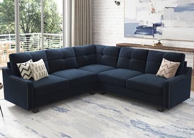 HONBAY Convertible Sectional Sofa L Shaped Couch for Small Apartment Reversible Sectional Couch for Living Room,Velvet Dark Blue - Image 1