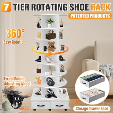 8 Tier Rotating Shoe Rack Tower contains 2 drawers, Spinning Shoe Rack Display Lazy Susan, Revolving 360 Shoe Racks Storage Round Carousel, Equipped with 5 Universal Wheels with Brake Function - Image 4