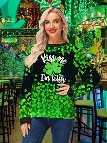 Deerose Womens St Patrick's Sweatshirt Shamrock Clover Print Sweatshirts Lucky Charm Irish Shirt M - Image 5