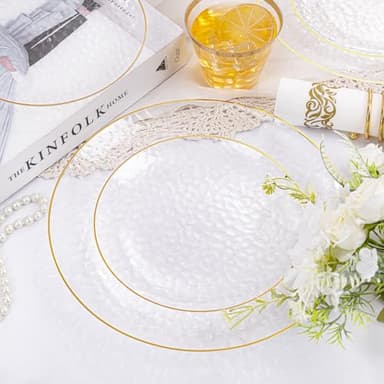 Rubtlamp 175 Pcs Plastic Dinnerware Set (25 Guests), Clear And Gold Plastic Plates, Hammered Party Plates Include Dinner Platos, Dessert Platos, Cups, Gold Cutlery Set And Napkins for Party - Image 3