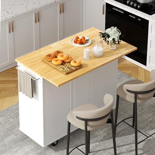 Shintenchi Kitchen Island with Folding Drop Leaf, Rolling Island Table with Storage, Kitchen Cabinet on Wheels with Seating Area for Kitchen, Bar Cart with Cabinet, White - Image 1