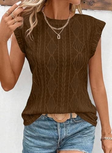 SHEWIN Cute Tops for Women Spring Fashion 2025 Trendy Casual Crewneck Cap Sleeve Tank Tops for Women Summer Tops Coffee Large - Image 4