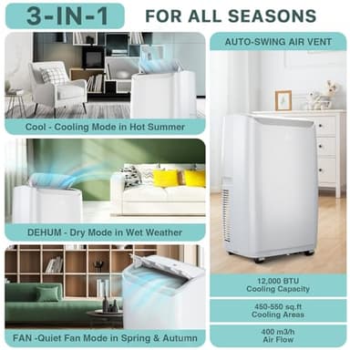 12000 BTU Portable Air Conditioner Cools up to 550 Sq.Ft, 3-in-1 Quiet Portable AC Unit with Remote Control & Installation Kits for Large Room, 3 Speed, Auto Swing, 24H Timer - Image 2