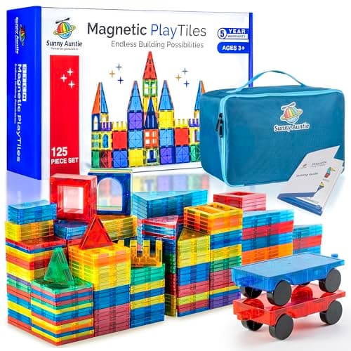 SUNNY AUNTIE Magnetic Tiles 125 PCS+ Bonus Zippered CASE, Kids Toy for 3 4 5 6 7 8 Year Old Boys & Girls, Magnetic Tiles Building Set, Great Gift for Kids Aged 3-8, XL Set - Image 1