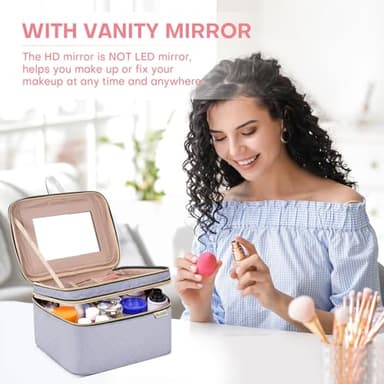 HXLGMD Large Makeup Bag with Mirror Double Layer Travel Make Up Organizer Case, Large Capacity Coemetic with Brush Slot Divider, Travel Toiletry Bag for Women (Grey) - Image 3