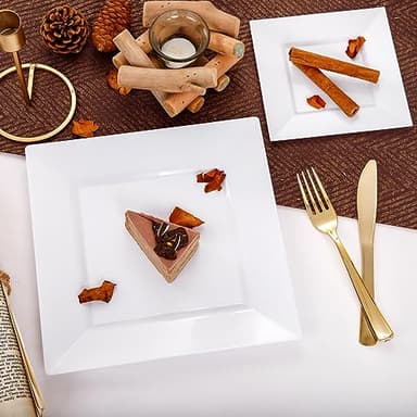 Liacere 100PCS White Square Plastic Plates - 50PCS Heavy Duty 9.5inch White Dinner Plates and 50PCS 6inch White Dessert Plates - Durable Fancy White Disposable Plates for Party & Wedding - Image 9