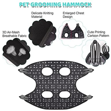 Pet Grooming Hammock Harness with Nail Clippers/Trimmer, Nail File, Comb, Cute Printed Breathable Cats & Dogs Hammock Sling for Grooming (XL, Black) - Image 6