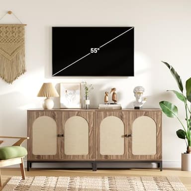 GarveeHome Rattan Sideboard Buffet Cabinet, Kitchen Storage Cabinet with Adjustable Shelf for Living Room, Hallway, Dark Brown - Image 2