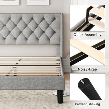 Einhomn Full Size Upholstered Bed Frame with Wingback Headboard, Fabric Linen Platform Bed, 8" Under Bed Storage, Wooden and Metal Slats Support, No Box Spring Needed, Light Grey - Image 6