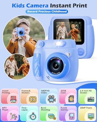 Kids Camera Instant Print, Christmas Birthday Gifts Toys for 3-10 Year Old Boys Girls, 1080P Video 20MP Toddler Digital Camera with 3 Rolls Paper & 32GB Card - Blue - Image 2