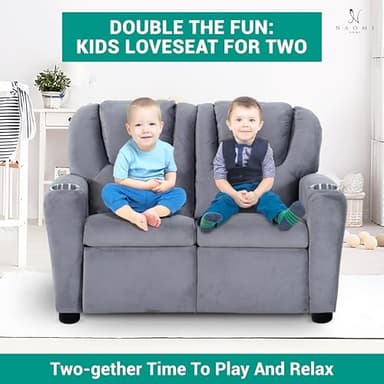 Naomi Home Suri Kids Recliner Loveseat with Cup Holders & Footrests, Gray Microfiber - Cozy 2-Seater Lounge for Children - Image 7