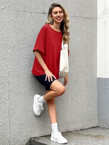 Women Oversized T-Shirt Summer Casual Short Sleeve Loose Tee Tops Dark Red - Image 6