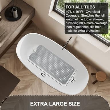 TEESHLY Bath Tub and Shower Mats, Non Slip 40 x 16 Inch Extra Large Bathtub Mat, Machine Washable Bathmat with Drain Holes, Suction Cups for Bathroom Floor, Gray - Image 5