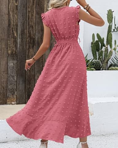 BTFBM Women V Neck Summer Dress 2025 Cap Sleeve Swiss Dot Boho Flowy Ruffle Slit Beach Party Long Maxi Cocktail Dresses(Pink, Medium) - Image 3