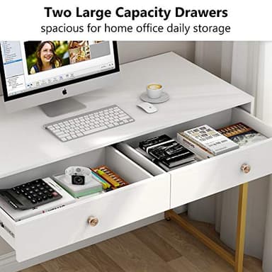 Tribesigns Computer Desk, Modern Simple 47 inch Home Office Desk Study Table Writing Desk with 2 Storage Drawers, Makeup Vanity Console Table, White and Gold - Image 6