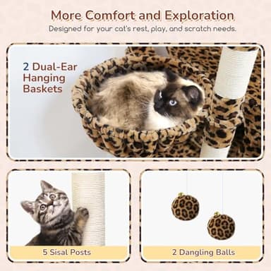 Globlazer Heavy Duty Cat Tree, 74inch Sturdy Cat Tower for Large Cats Adult, Big Cat Tree with 7 Sisal Scratching Posts, 2 Padded Cat Condos, 2 Hanging Baskets, Enlarged Top Perch, S74, Leopard Print - Image 4
