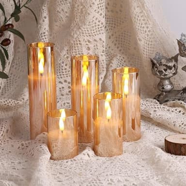 Eywamage 5 Pack Gold Glass Flameless Candles with Remote, Flickering Slim Tall LED Pillar Votive Candles Battery Included - Image 4