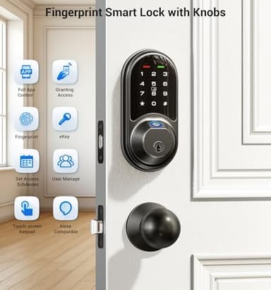 Veise RZ07C Smart Locks for Front Door, 2 Knob Handle Set, Fingerprint Keyless Entry, App Control Biometric Lock, Electronic Digital Touchscreen Keypad Deadbolt, Easy Install, Auto Lock, Matte Black - Image 4