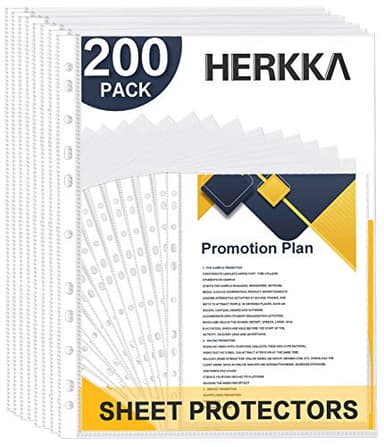 Sheet Protectors, HERKKA 200 Pack Upgrade Clear Plastic Page Protectors Sheet Reinforced 11-Hole Fit for 3 Ring Binder Fits Standard 8.5 x 11 Paper, 9.25 x 11.25 Top Loaded, Acid Free - Image 1