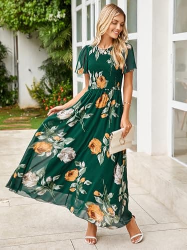 Simplee Womens Spring Floral Maxi Wedding Guest Dress Bohemian Short Sleeve Loose Sundress Lightweight Flowy Prom Vacation Dress(Dark Green M) - Image 2