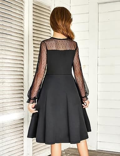 Arshiner Girl's Contrast Mesh Puff Long Sleeve High Waist A Line Black Short Dress with Pockets 9-10 Years - Image 3