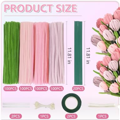 400 Pcs Pipe Cleaners Craft,4 Assorted Colors Pipe Cleaners Bulk, Chenille Stems for DIY Flower Making Kit with Floral Wires, Gardening Tape,Stamen& Ribbon (Pink) - Image 2