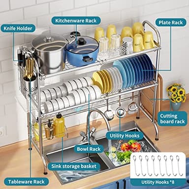 HOWDIA Stainless Steel 2-Tier Over The Sink Dish Drying Rack with Utensil Holder, Large, for Kitchen Counter - Image 2