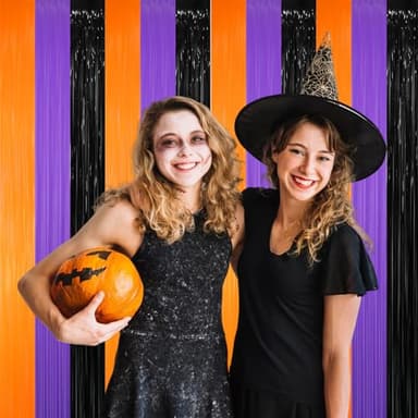 GOER 3.2 ft x 8.2 ft Metallic Tinsel Foil Fringe Party Backdrop for Halloween Birthday Graduation New Year's Party Decorations(5 Packs,Black&Orange&Purple) - Image 2