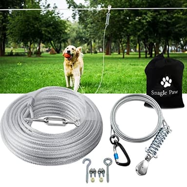 Dog Tie Out Runner for Yard,Trolley System for Large Dogs,Heavy Duty Dog Run Cable Lead 50ft with 10ft Pulley Runner Line for Small Medium and Large Dogs Up to 250lbs Running Outside Yard or Camping - Image 1