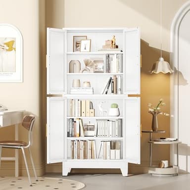 GAIOUS 75.2" Tall Metal Pantry Cabinet, Kitchen Pantry Storage Cabinets with 4 Door and 4 Adjustable Shelves, White Storage Cabinet, Freestanding Cupboard for Kitchen Dining Room Living Room Bathroom - Image 4