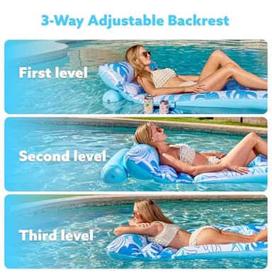SLOOSH Adjustable Backrest Pool Floats - Tropical Leaves Pool Lounger Floaties Adults with Cup Holders, Inflatable Tanning Float Rafts Chair Beach Lake Lounge Floating Above Water Keep Cool (Blue) - Image 2