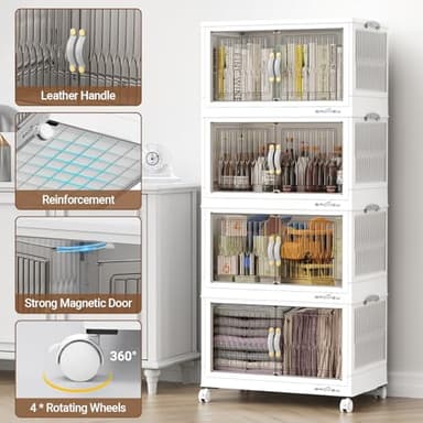 BROVIEW 320Qt Stackable Storage Bins with Lid, Closet Organizer and Storage Drawer, Collapsible Storage Box with Wheels, Plastic Clothes Storage Cabinet Containers for Home Organization, 4Pack White - Image 5