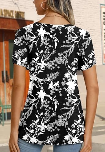 CATHY 2025 Women Tops Summer Comfy Short Sleeve V-Neck Tshirts Stretch Plus Size Blouse Floral B-Windbell XXX-Large - Image 5