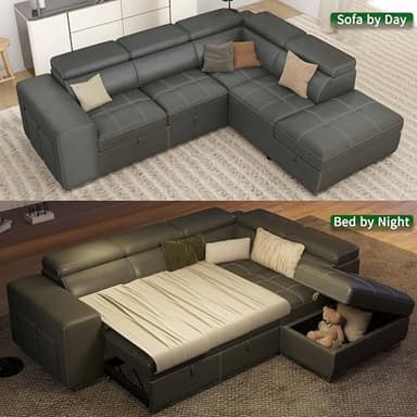 THSUPER 104'' Microfiber L Shaped Sectional Sleeper Sofa Couch with Pull Out Bed and Storage Ottoman, Convertible Couches with Adjustable Headrest for Living Room, Right Facing Chaise. Charcoal Grey - Image 5