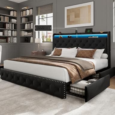 LARMACE King Size Bed Frame with 4 Storage Drawers Velvet Upholstered Tufted Bed Frame King Platform with LED Lights&USB Type-C Charging Station,Heavy Duty/No Box Spring Needed, Easy Assembly,Black - Image 1