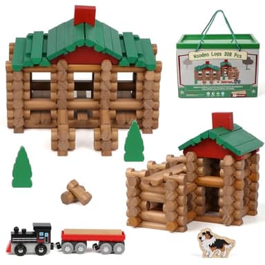 Wondertoys 208 Pcs Wooden Log Set - Classic Building Logs Ages 3+ - Best Retro Building Gift Set for Boys - Creative Construction Engineering Educational Gifts - Image 1