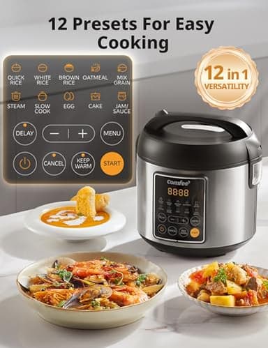 COMFEE' Rice Cooker, 4 Cups Uncooked, 8 Cups Cooked Slow Cooker, 2 Qt Small Multicooker with 10 Presets, Steamer & Grain Cooker, Non-Stick Inner Pot - Image 2