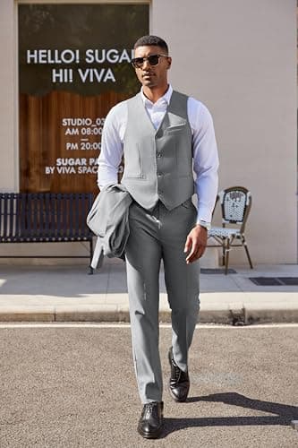 COOFANDY Men's 3 Piece Slim Fit Suit Set Classic One Button Blazer Suit Vest Dress Pants Formal Suits Light Heather Grey - Image 4