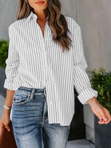 siliteelon Womens Button Down Shirts Cotton Striped Dress Shirt Long Sleeve Collared Office Work Blouses Tops - Black and White S - Image 3
