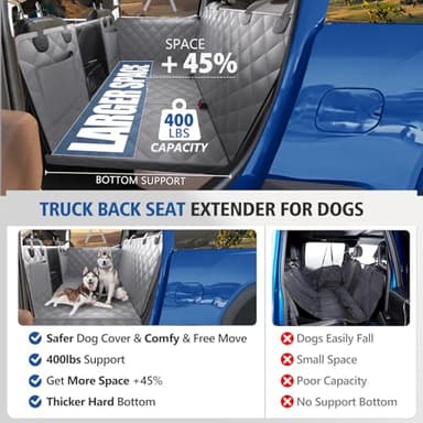 XL Truck Back Seat Extender for Dogs, Dog Seat Cover Back Seat Supports 400lbs, Hard Bottom Pet Seat Covers for Crew Cab Trucks, Dog Hammock for F150, RAM1500, Sierra, Tundra, Silverado, Titan Grey - Image 2