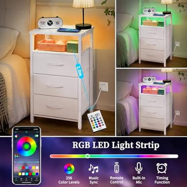 Yoobure Night Stand with Charging Station, 16 Colors LED Nightstand with USB Ports and Outlets, End Table with 3 Fabric Drawers and Storage Shelf, Bedside Tables Small Dresser for Small Space White - Image 4
