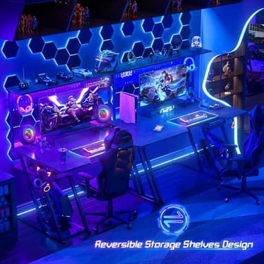 Armocity Gaming Computer Desk with Shelves and Outlets, Gaming Desk with Hutch and LED Lights, Reversible PC Gaming Desks with Pegboard, Carbon Fiber Black 47'' - Image 7