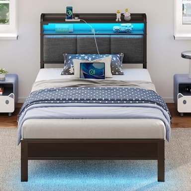 Rolanstar Bed Frame Twin Size with Charging Station and LED Lights, Upholstered Headboard with Storage Shelves, Heavy Duty Metal Slats, No Box Spring Need, Noise Free, Easy Assembly, Dark Grey - Image 1