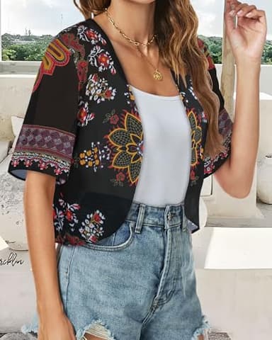 Women Shrug Chiffon Cardigans Open Front Short Sleeve Bolero for Evening Dressy(Black Print,S) - Image 4