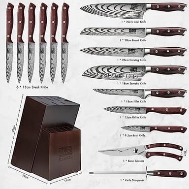 SHAN ZU Knife Set 16 pcs, Japanese Kitchen Knife with Block High Carbon Stainless Steel Ultra Sharp Knife for Kitchen, Professional Chef Knife Set with Sharpener - Image 3