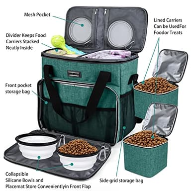 BAGLHER Pet Travel Set Airline-Approved Carrier for Small/Medium Cats & Dogs + Travel Bag with Food Containers & Silicone Bowls, Grey & Green - Image 5