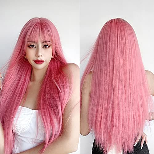 7JHH WIGS Light Pink Wig With Bang Straight Wig For Women Synthetic Neon Pink Wig Colorful Cosplay Wigs For Party And Daily Use(23" Light Pink - Image 1