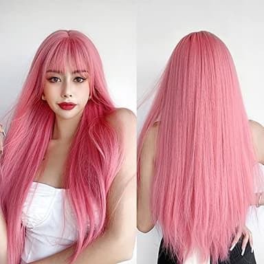 7JHH WIGS Light Pink Wig With Bang Straight Wig For Women Synthetic Neon Pink Wig Colorful Cosplay Wigs For Party And Daily Use(23" Light Pink - Image 1