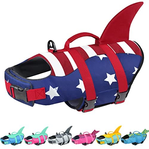 Malier Dog Life Jacket, High Buoyancy Shark Swimsuit, Ripstop American Flag, Medium, Red & Dark Blue - Image 1