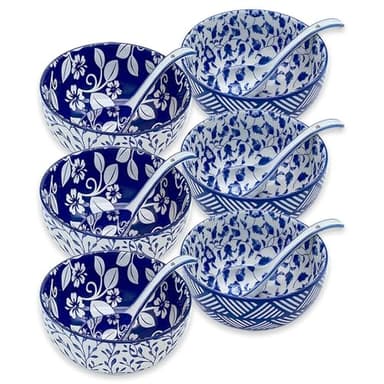 KeQiu Japanese Ceramic Bowls Set of 6, 28 Oz Large Asian Porcalain Ramen Soup Salad Cereal Noodle Bowls with 6 Spoons, Deep Bowls for Kitchen Decor and Housewarming Gift, Dishwasher & Microwave Safe - Image 1